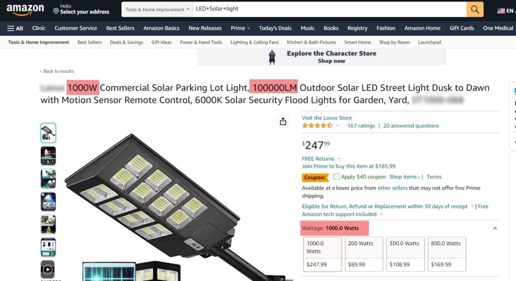 the key parameters of this solar lights are fake: power and lumen