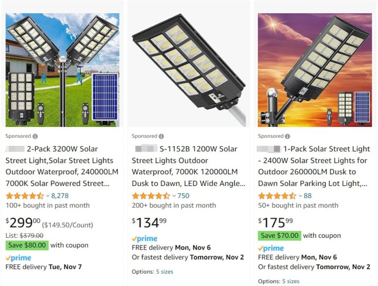 falsely advertised solar street lights on Amazon